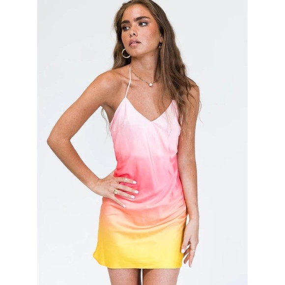 Princess Polly 4 Sunset Mini Dress, Halter Tie Neck, Pink Yellow Ombre, Silky - Picture 2 of 12